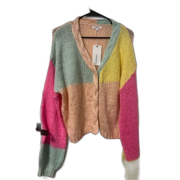 NWT AnnieWear Los Angeles Color Block Rainbow and Peach open knit sweater size M - Picture 1 of 7